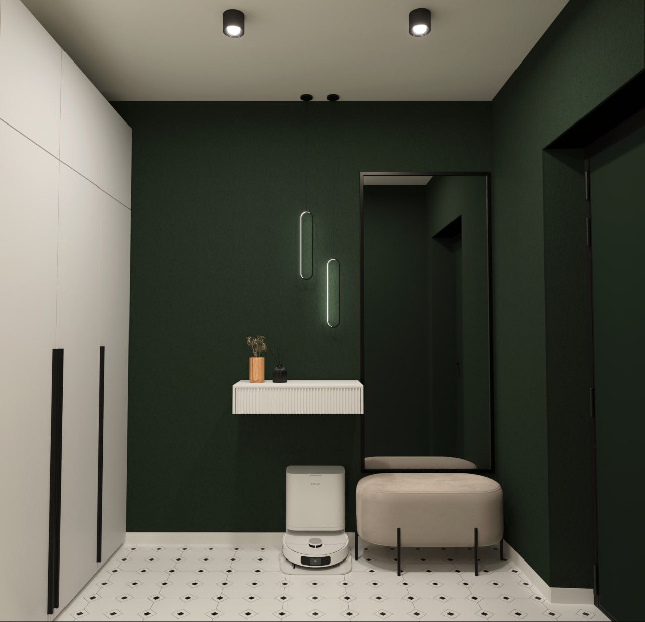 Прихожая с темно-зеленой стеной, зеркалом и мягкой банкеткой.