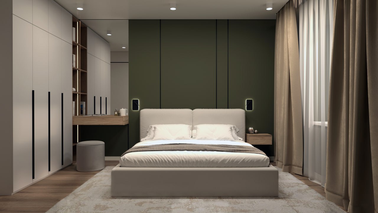 Теплая спальня с акцентной зеленой стеной и мягким светом.