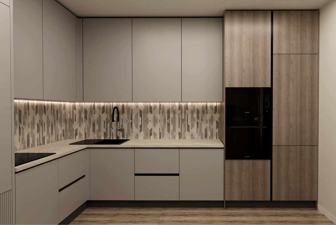 Минималистичная кухня в теплых нейтральных оттенках.